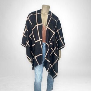 Reversible Tan and Black Plaid Shawl‎ Wrap OS
